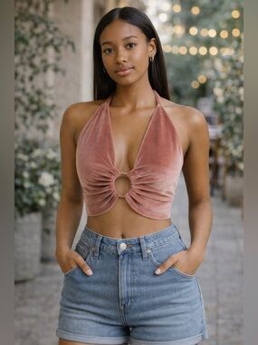 Velvet Halter Crop Top with Ring Detail